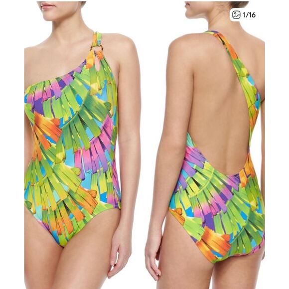 Trina Turk Polynesian Palms One Shoulder Sz 4 - Picture 1 of 5